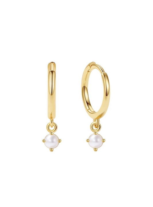 shop gold pearl pendant charm earring, pearl earring, pearl hoop gold earring